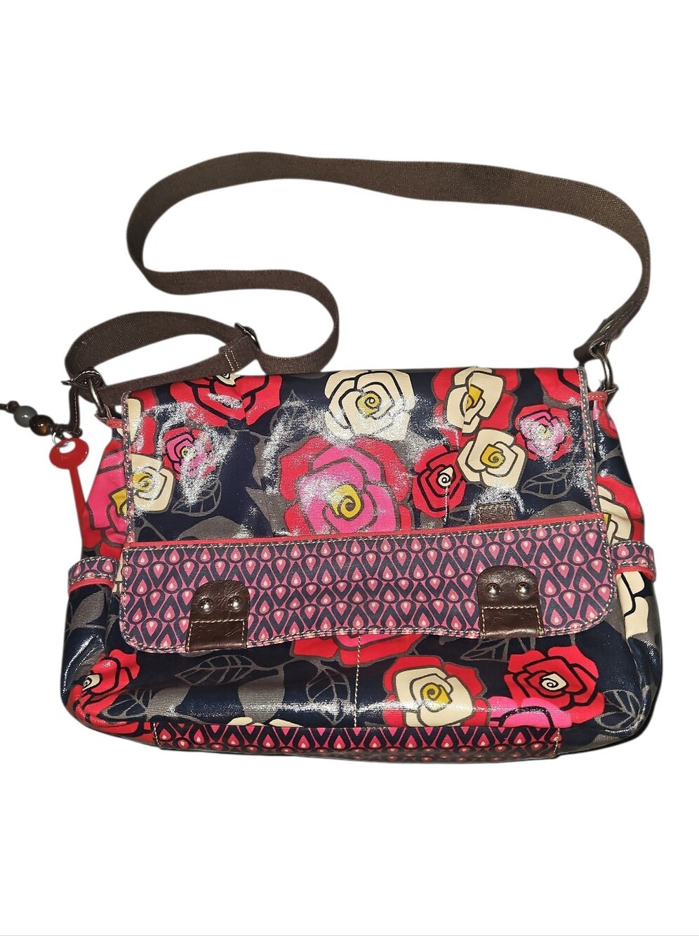 Fossil Key-Per coated canvas and leather trim messenger Laptop Bag